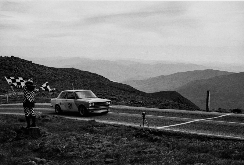 The lovely Datsun 510 of Dave Patten crosses the line at the Mt. Washington hillclimb
